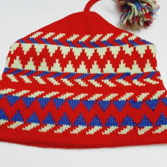 Retro 80's CAPPELLO 100% Wool Intarsia Geo Pattern Knit Beanie Hat w/ Pom-Pom OS - Picture 10 of 14